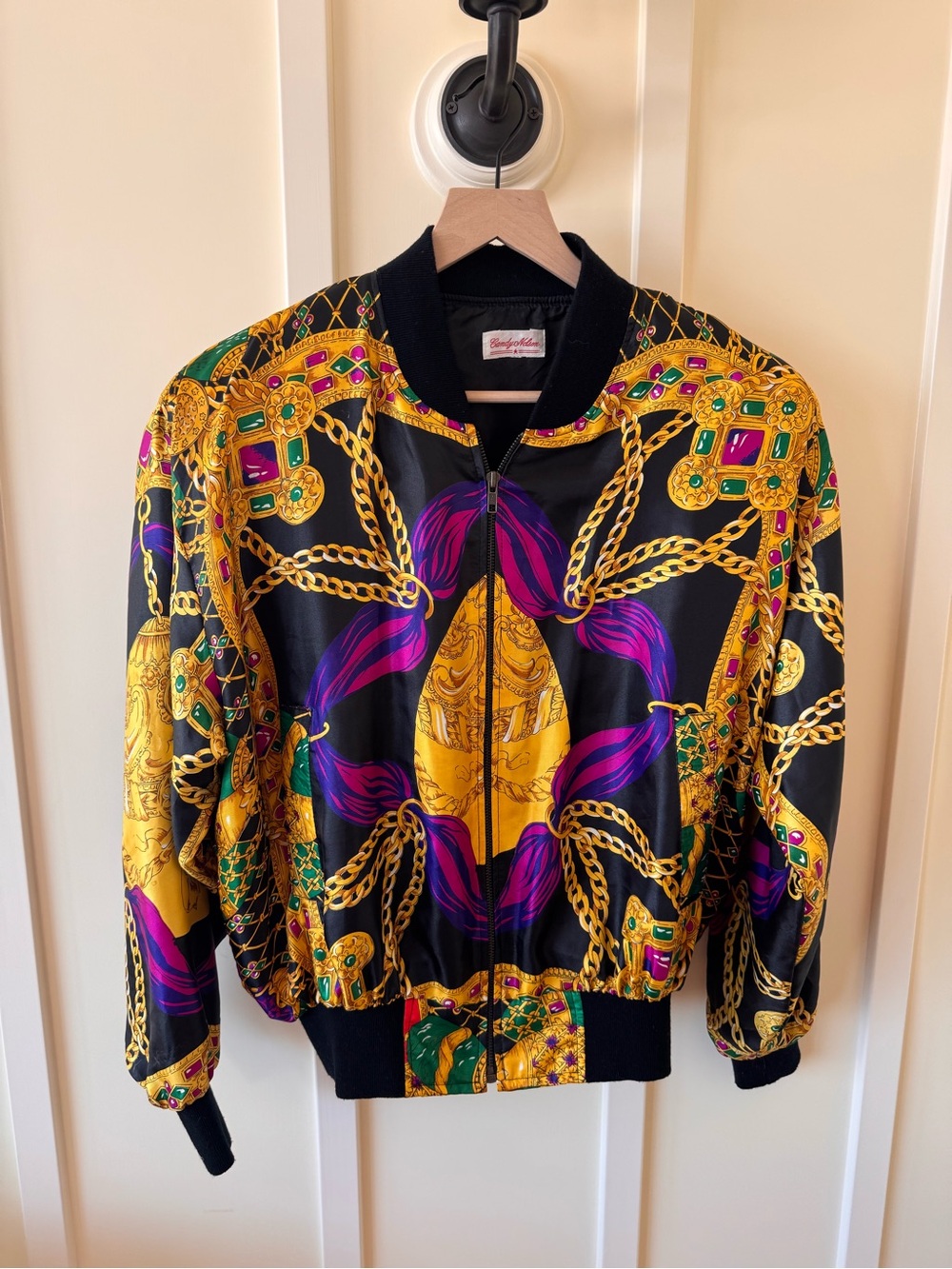 Candy Nelson Vintage 90s Bomber Jacket Baroque Gold Chain Print  Mob Wife OS VNT